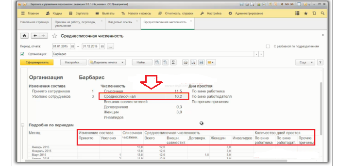Расчет среднесписочной численности в 1с