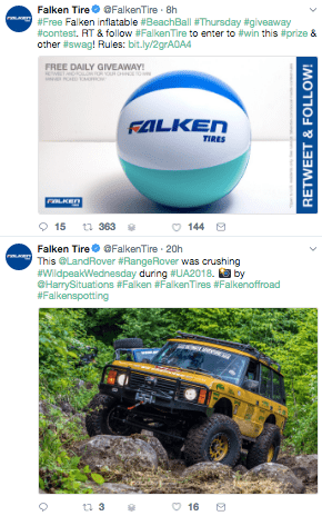 Пример поста от Falken Tire, который использовал подарок, как успешный прием в маркетинге